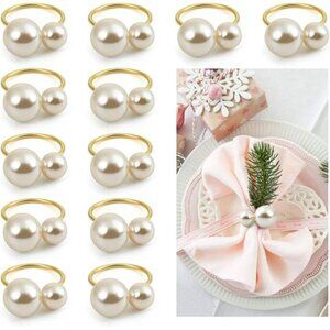 KESOTE Set of 12 Pearl Napkin Rings, Gold Napkin Ring Holders for Formal